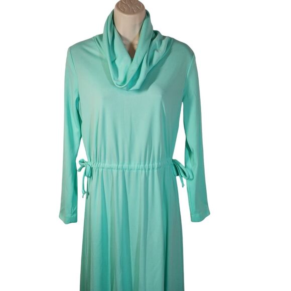 Vintage 70s Dress Disco Mod Long Sleeve Empire‎ Waist Maxi Flowy Mint Green L - Picture 3 of 16